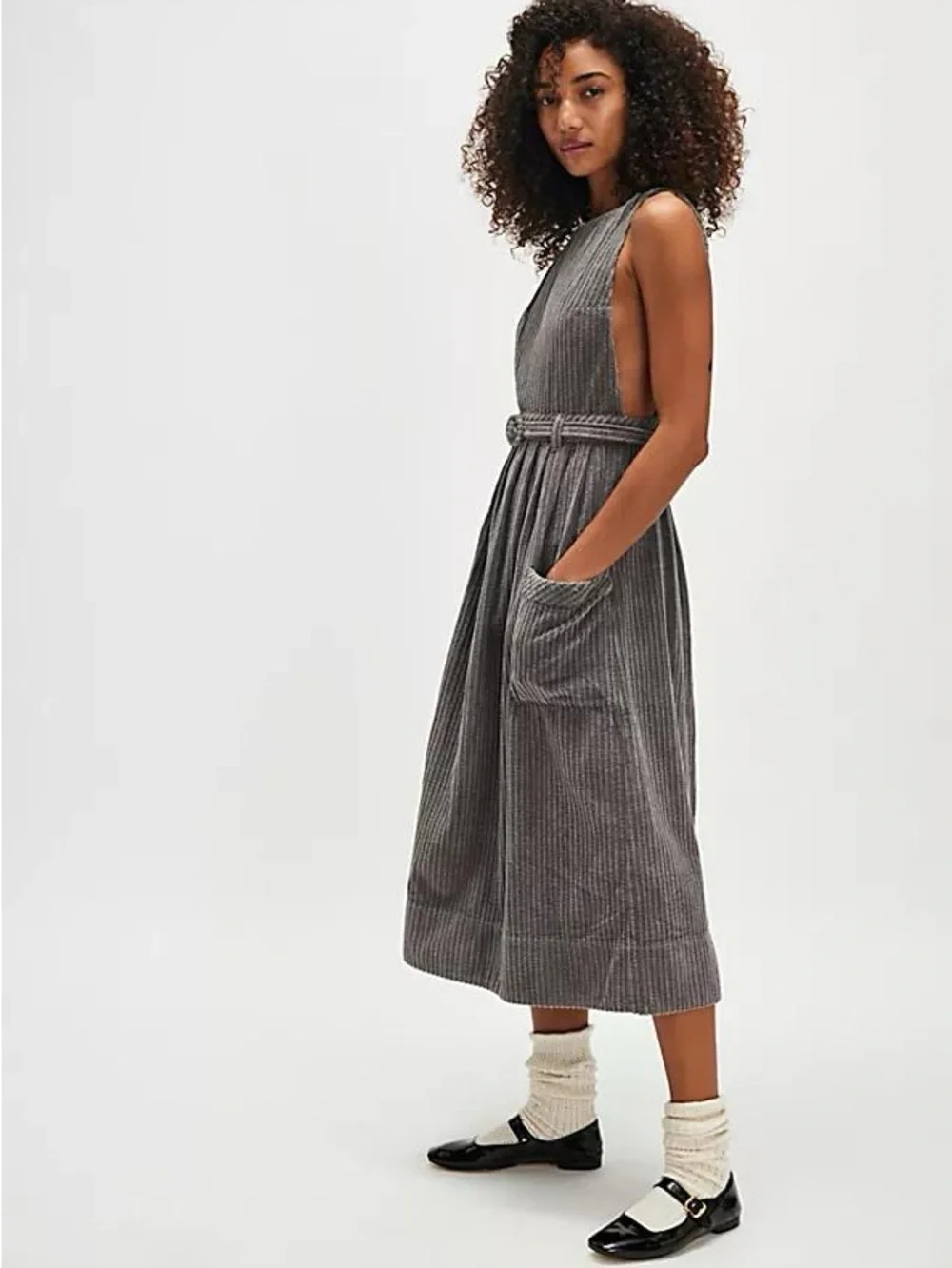 Free People The Other Side gray corduroy stripe midi dress size 4 fits S/M